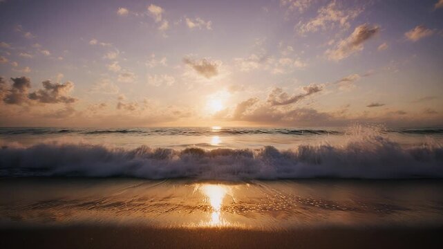 Golden sunrise over calm ocean waves with soft foam at shoreline beneath warm glowing clouds
