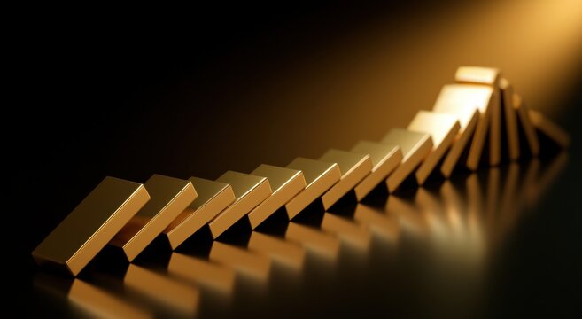 gold bars in a domino fall on a black, reflective ground he bars are oriented diagonally, with a gradient of fall from left to right strong light hits the bars from the upper right Generative AI