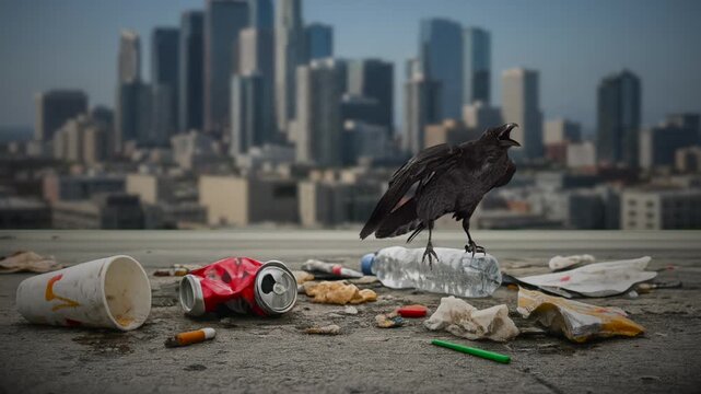 Raven in trash on a city street