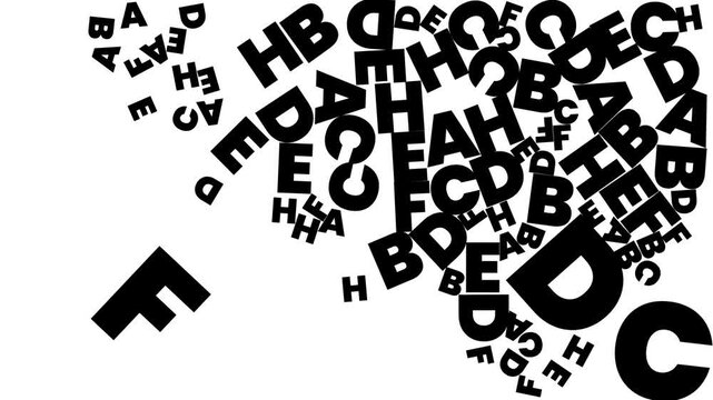 Animated black letters rotating and floating on a white background