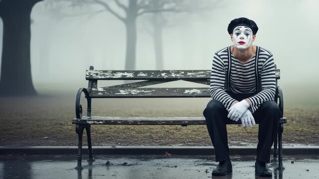 Silent Reflections: A Mime's Solitary Moment in a Rainy Park, evoking loneliness and reflection,