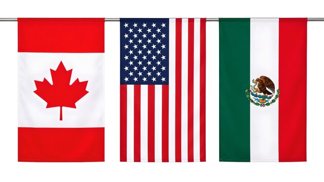 Three national flags of Canada united states and mexico hanging together on a metal pole in this professional studio photograph
