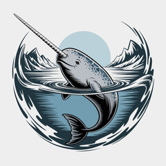 Narwhal swimming in Arctic waters deep. © Dian