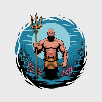 Cartoon illustration of muscular merman holding trident.