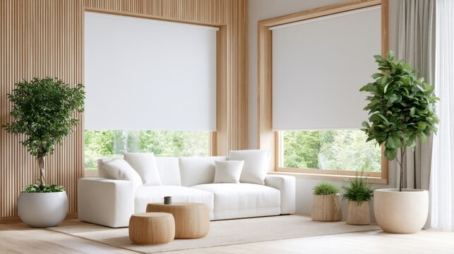 Contemporary room with wooden decor, automatic roller blinds, and electric curtains in a stylish setup for modern living