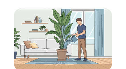 Fototapeta premium Man watering a large houseplant in a bright, modern living room with sofa and window