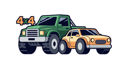 Fototapeta premium Green Pickup Truck and Yellow Car Vector Illustration with 4x4 Text, Side View on White Background for Design and Advertising