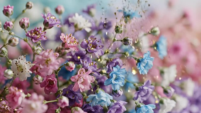 Close-Up of Multicolored Delphinium Flowers in Soft Focus Garden Scene with Pastel Hues