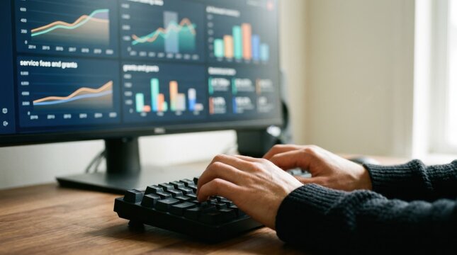 Close medium shot of hands typing on a keyboard with an outoffocus data dashboard showcasing AI forecast models for service fees and grants.