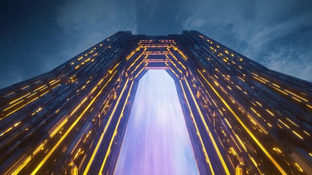 Futuristic portal gateway framed by towering metallic structure with glowing energy vortex neon sky