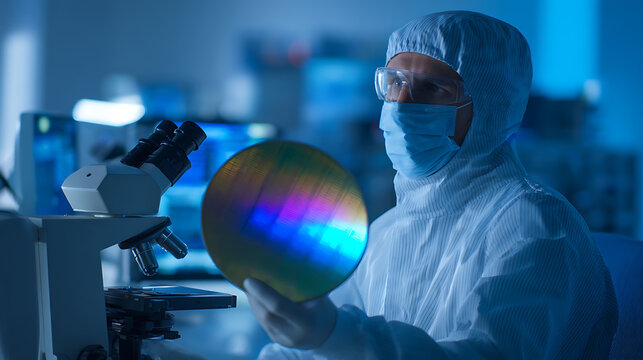 Scientist in Full Personal Protective Equipment Holds Silicon Wafer with Rainbow Reflection in Dark Laboratory Setting