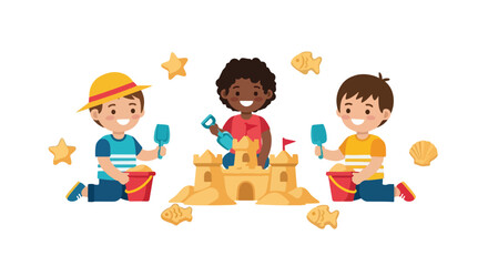 Three happy boys of diverse backgrounds are building a large sandcastle together with shovels and buckets on a plain white background. © Coey