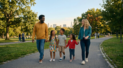 Fototapeta premium Diverse family walking in central park enjoying urban outdoors