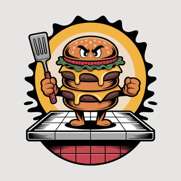Angry Burger Character Holding Spatula.
