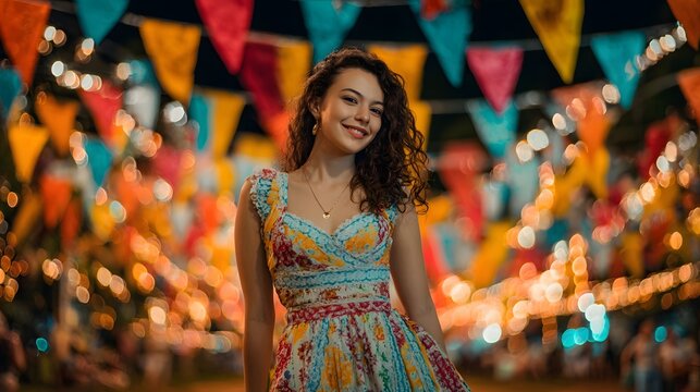 Mulher Caipira em Festa Junina com Cen&aacute;rio de S&atilde;o Jo&atilde;o Desfocado