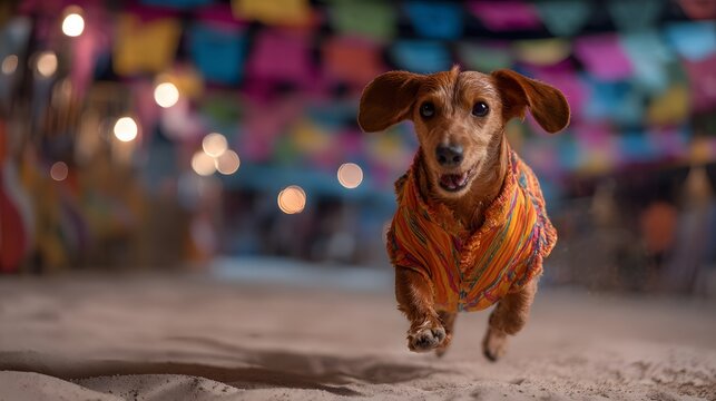 Cachorro Caipira Correndo em Arraial Junino com Roupa Remendada