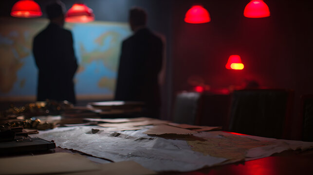 Two anonymous figures in dark suits plan covert operation in dimly lit room, focusing on a large world map under red lights, mysterious atmosphere