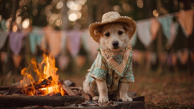 Cachorro caipira sentado ao lado da fogueira em festa junina brasileira