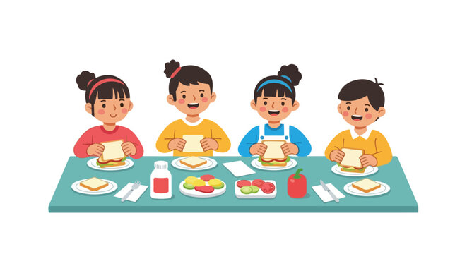 Four cheerful children sit at a table together, preparing and eating healthy sandwiches with fresh vegetables in a bright cartoon illustration.