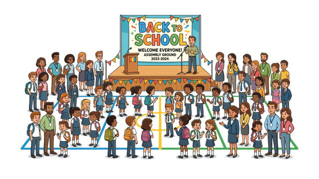 Back to School Celebration: A vibrant illustration depicts a joyous Back to School assembly, with a diverse group of students, teachers, and parents gathered on a colorful stage.