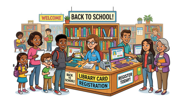 Back to School Library Registration: Children and parents register for library cards at a bustling school library, welcomed by friendly staff and surrounded by shelves of books.
