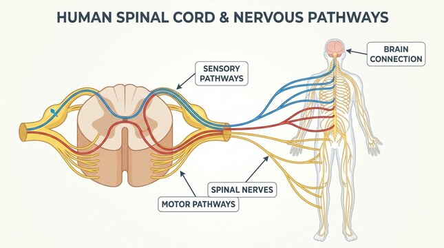 Detailed anatomical diagram illustrating the human spinal cord, its sensory and motor nervous pathways, and vital connections to the brain and peripheral body
