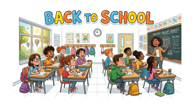 Back to School Classroom Scene: A vibrant and lively illustration depicts a diverse group of elementary school students attentively listening to their teacher in a brightly lit classroom.