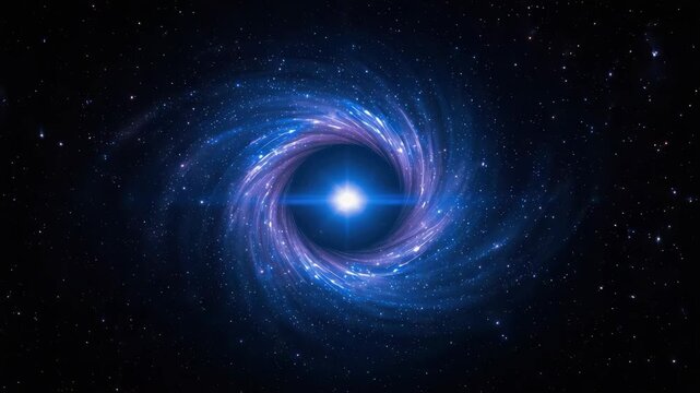 Spiral galaxy vortex swirl around bright star with glowing blue cosmic dust and sparkling nebula