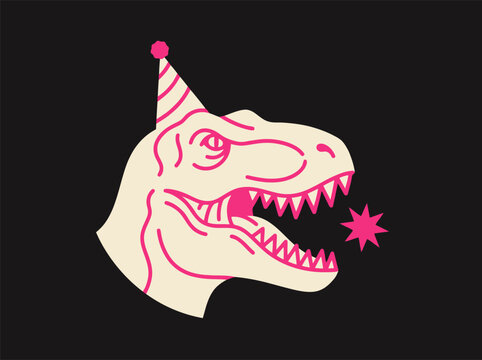 Retro Tyrannosaurus Rex head with party hat vector illustration. Fun dinosaur birthday character in pink and cream colors. Quirky T-Rex mascot for celebration.