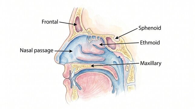 Anatomical illustration of the human nasal cavity and sinuses