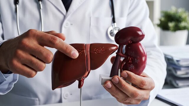 Doctor pointing at anatomical models of human liver and kidneys