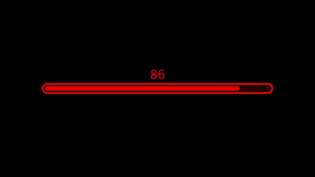 Minimal digital loading progress bar animation counting from 1 to 100 percent on a black background. Perfect for UI design, software loading screens, download progress indicators, buffering concepts, 