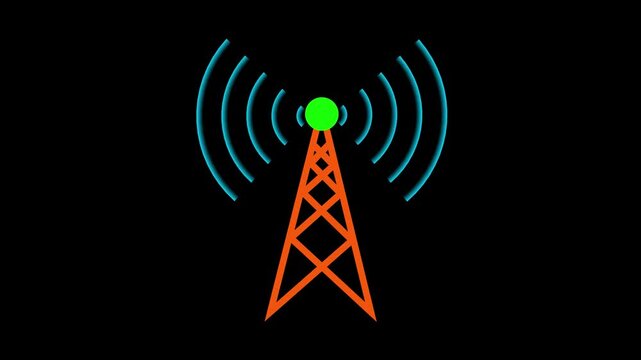 A glowing  wireless signal tower icon on a dark background representing modern communication technology. This futuristic illustration features a network antenna emitting signal waves, symbolizing 5G, 