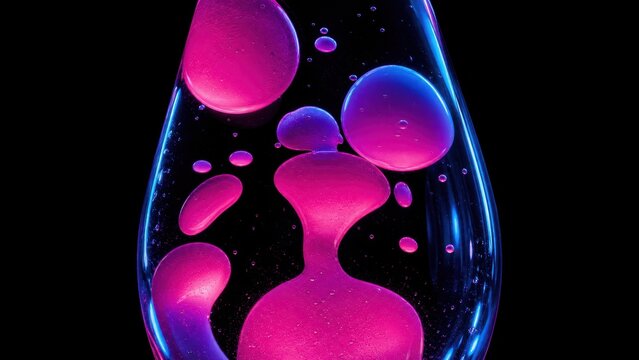 Macro view of glowing neon purple and pink lava lamp bubbles floating and morphing isolated on a black background