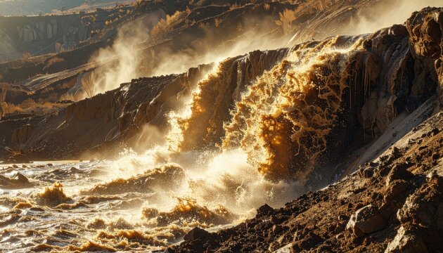 Turbulent Mudflow Cascading Down a Steep Mountainous Hillside Amidst Sunlight
