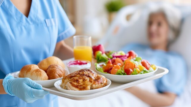 Nurse brings healthy meal tray to patient in hospital bed for recovery and nourishment