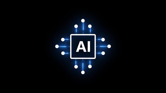 A modern glowing AI chip icon on a dark background representing artificial intelligence, machine learning, and advanced technology. This futuristic digital features a neon processor with connected nod