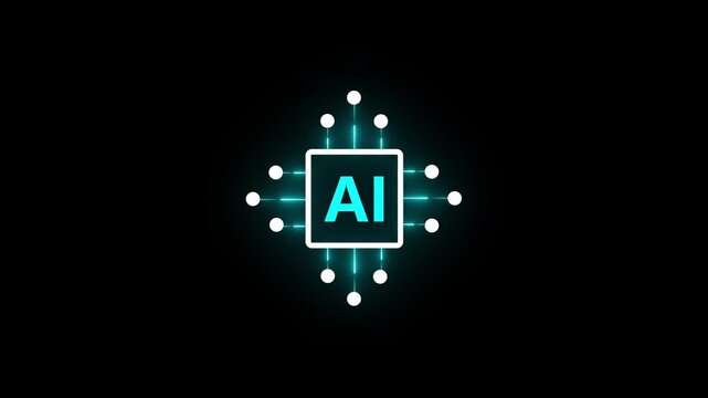 A modern glowing AI chip icon on a dark background representing artificial intelligence, machine learning, and advanced technology. This futuristic digital features a neon processor with connected nod