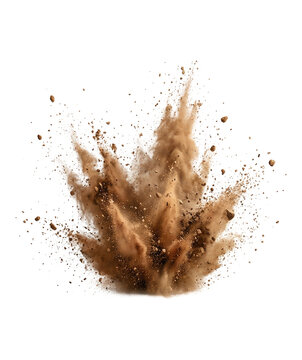Dynamic brown dirt explosion captured mid-air with flying dust, soil clumps, rock fragments and debris against a transparent background
