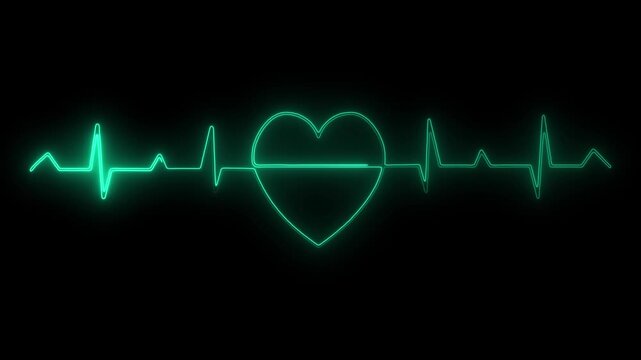 Glowing neon heartbeat pulse line with heart shape in the center on black background. Modern medical and healthcare concept design representing love, life, cardiology, ECG monitor, 