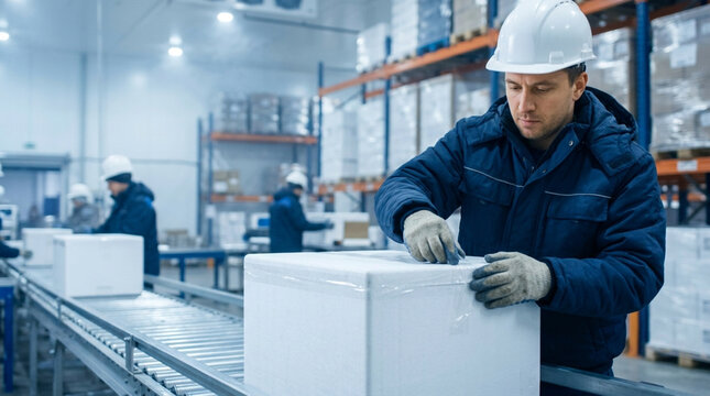 Male worker in white hard hat and blue thermal jacket packing a white styrofoam box on a conveyor belt in a large cold storage warehouse facility with industrial background shelving.