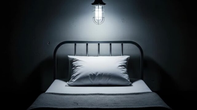 Repetitive Prison Cells Video, Monochrome Beds Under Cage Lights Animation with Despair Concept,