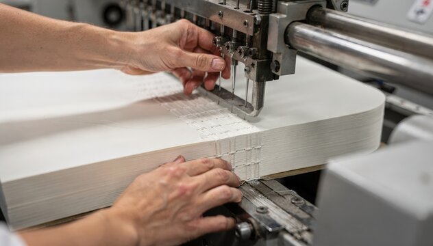 Closeup medium shot of skilled workers operating stitched notebook binding equipment highlighting thread stitching and secure binding process.