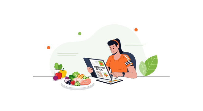 Nutrition app guide, healthy eating plan. Woman reading diet menu.
