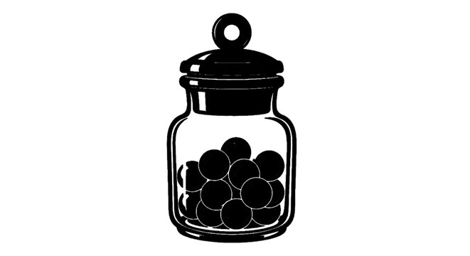 Minimal black silhouette icon, simple flat vector, bold black shape, no, no shading glass jar filled with round candies on a, flat icon style