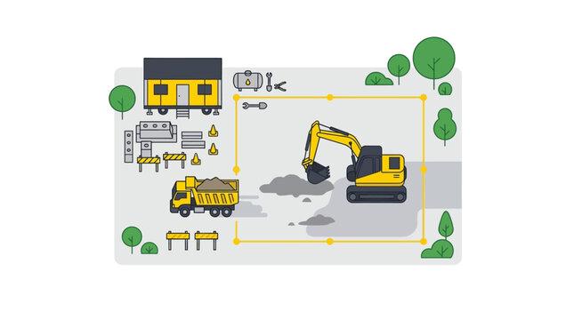 Construction Site Flat Vector Illustration featuring Excavator, Dump Truck, and Modular Building. Industrial Project Planning and Infrastructure Development Concept.