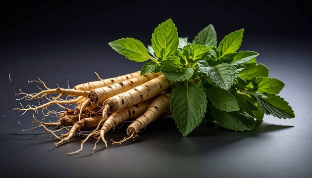 A bundle of fresh ginseng roots and green leafy herbs on a dark background.