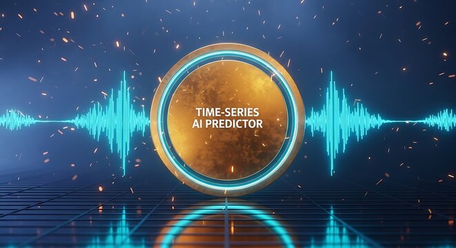 Time-series AI predictor emblem glows between blue digital waveforms in futuristic space with sparks and bokeh. Ideal for machine learning and analytics marketing.