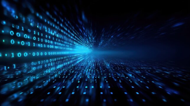 Digital Tunnel of Binary Code Streaming Through Cyberspace with Glowing Blue Light