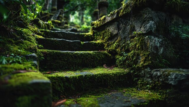 Ancient Moss Covered Stone Steps in Forest